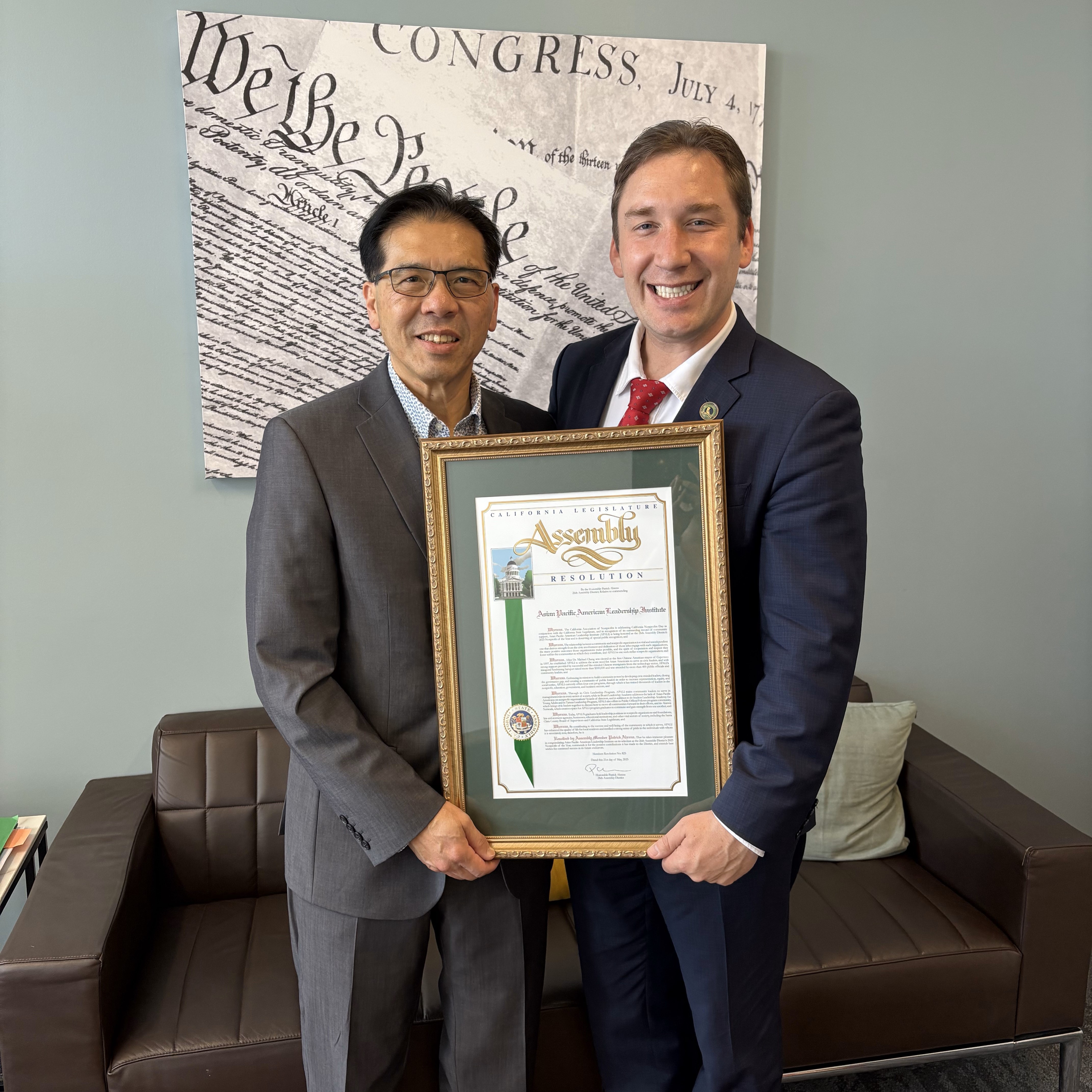 Asm Ahrens presents Dr. Chang, founder of APALI, with Assembly Resolution Honoring APALI Work