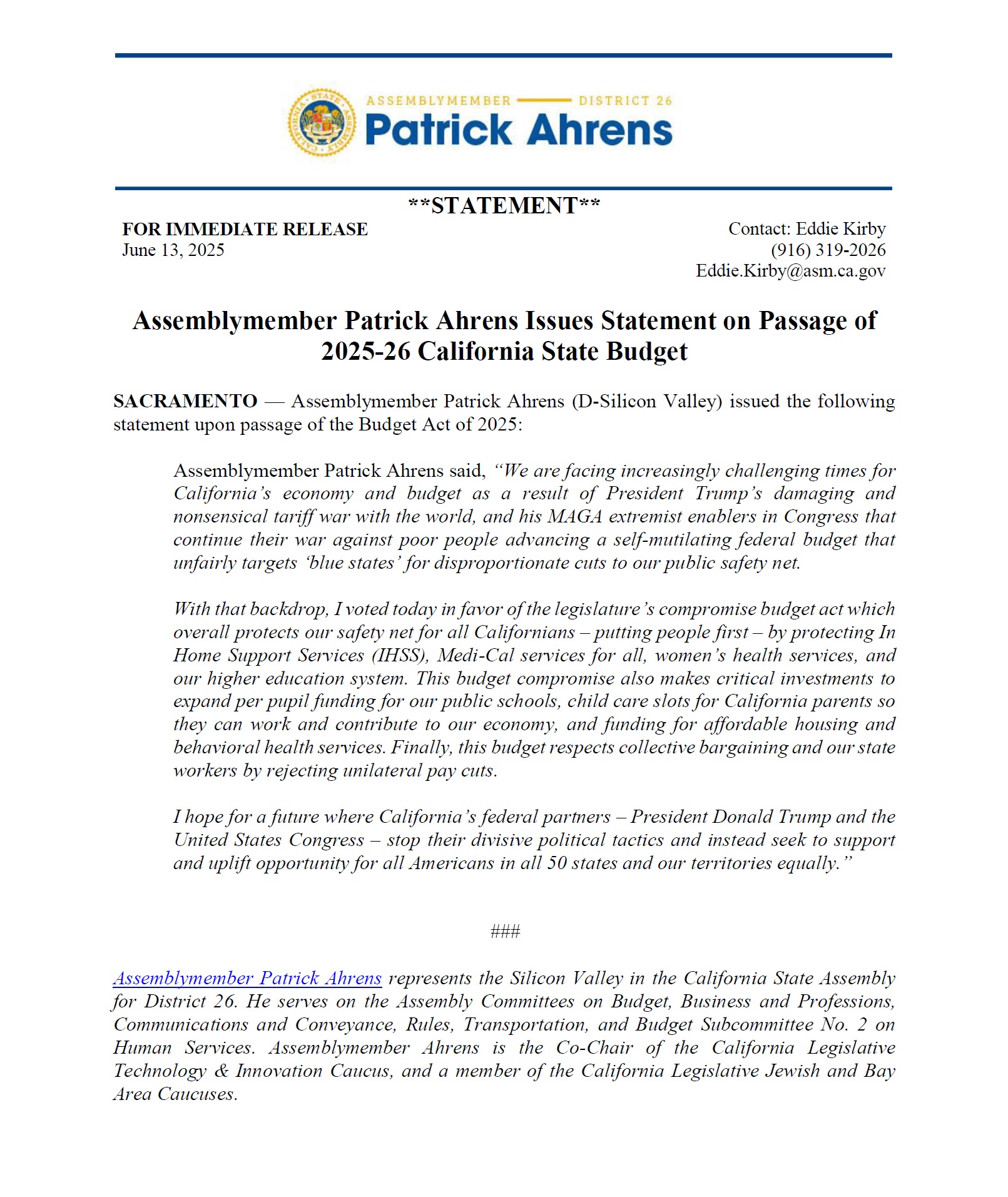 Assemblymember Ahrens Budget Statement