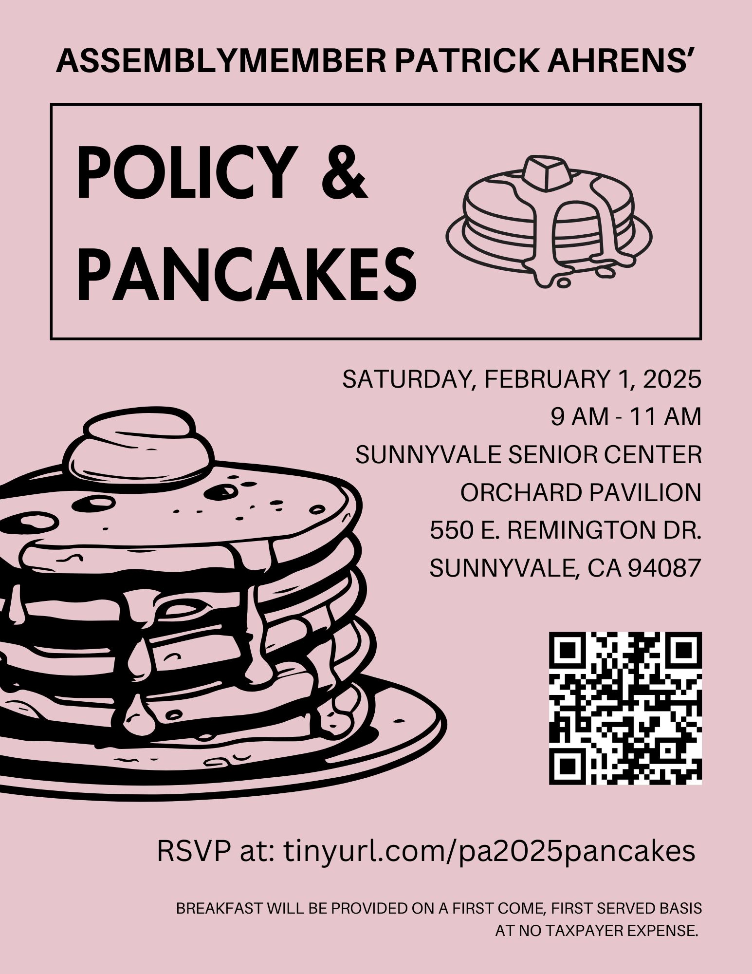 Asm. Ahrens Policy and Pancakes Flyer including event information and rsvp